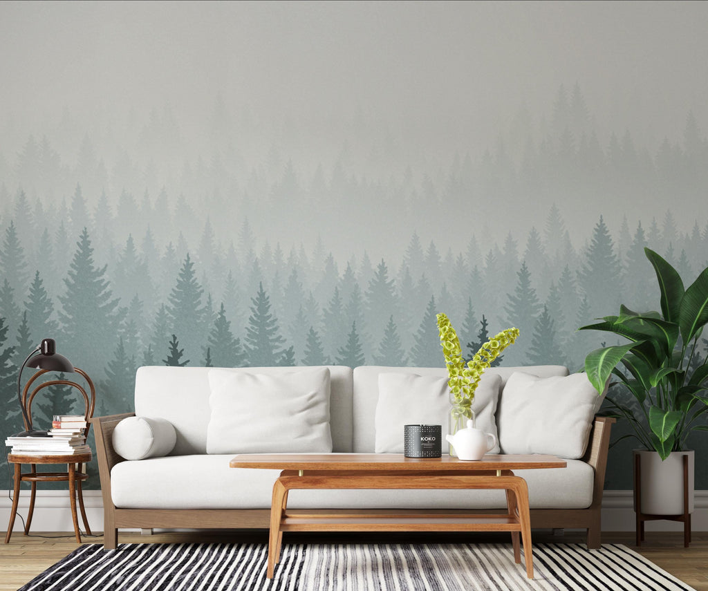 Dreamy Forest Wallpaper Mural – Watercolor Evergreen Trees, Forest wallpaper, Pine Tree Wall Art for Nursery Room 240DE