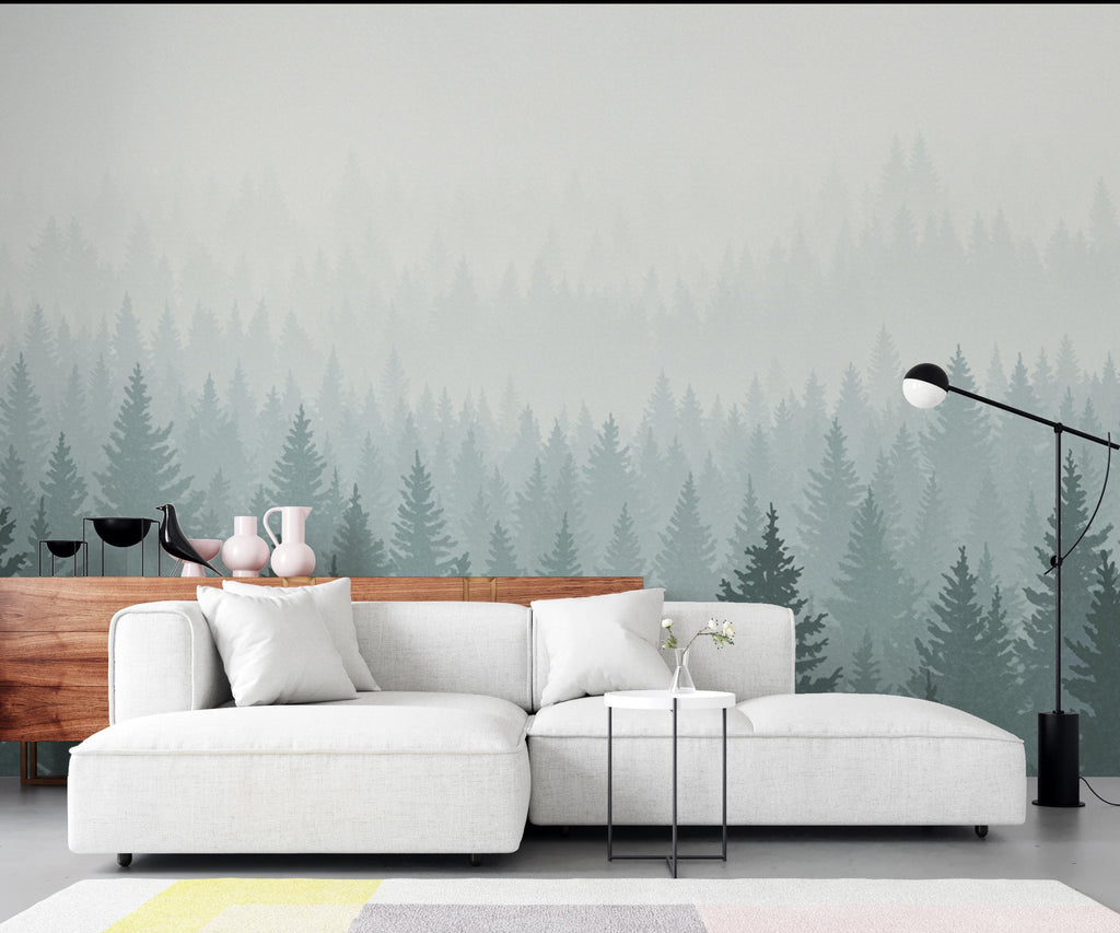 Dreamy Forest Wallpaper Mural – Watercolor Evergreen Trees, Forest wallpaper, Pine Tree Wall Art for Nursery Room 240DE