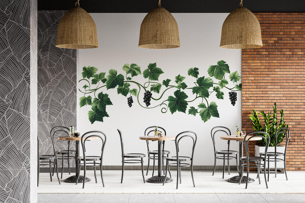 Grape Vine Wall Decal Vineyard Wall Sticker Wine Bar Restaurant Kitchen Decor Botanical Grape Leaves Wall Art