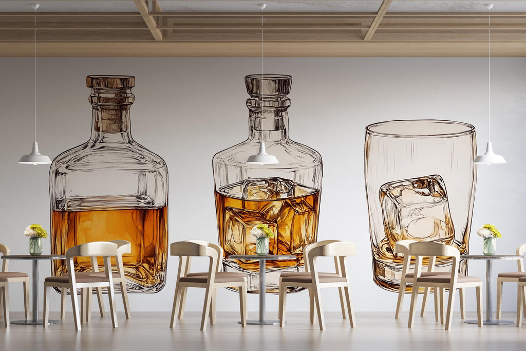 Whiskey Wall Decal Bar Wall Sticker Whiskey Bottle Glass Wall Art Bar Decor Restaurant Man Cave Wall Decor
