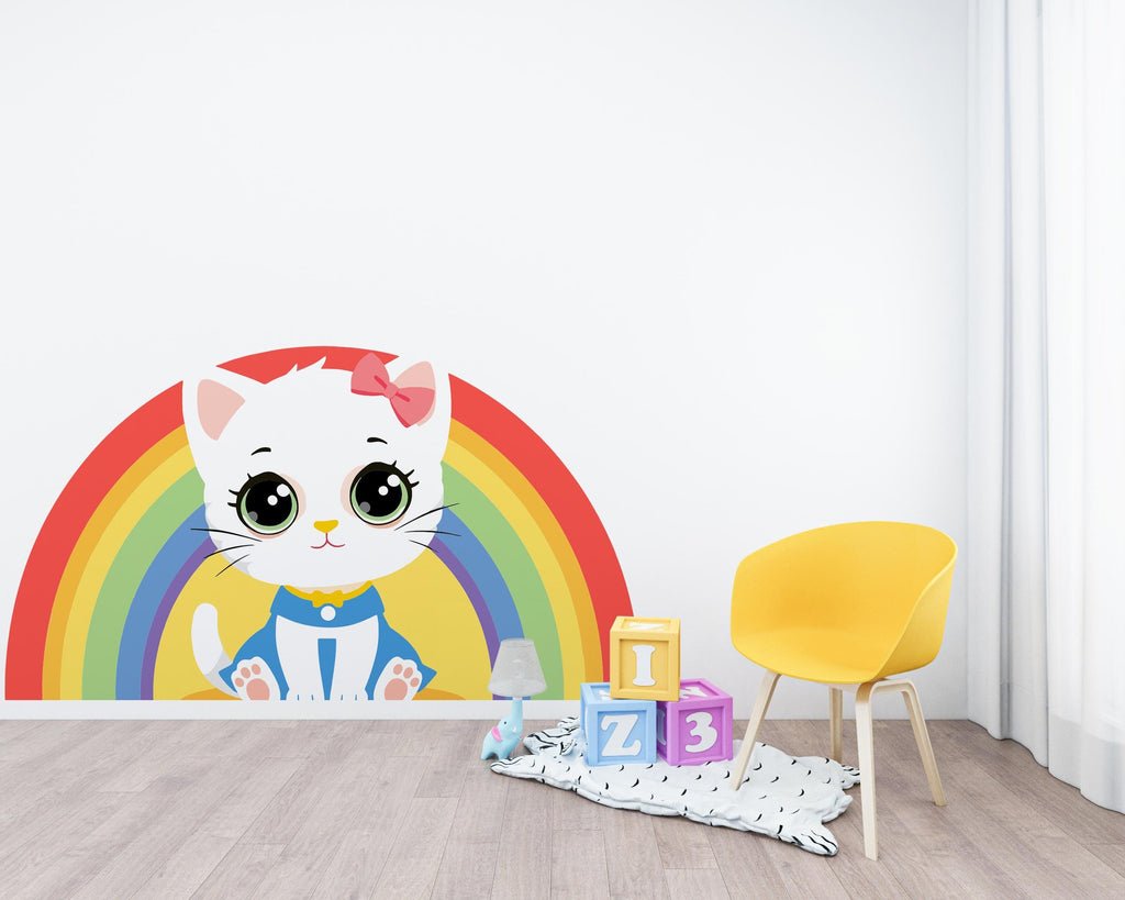 Cute Kitten Rainbow Wall Decal, Rainbow Kitty Decal, Cartoon Cat Nursery Decor, Kawaii Kids Room Wall Sticker, Baby Girl Playroom Art 714LU
