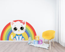 Load image into Gallery viewer, Cute Kitten Rainbow Wall Decal, Rainbow Kitty Decal, Cartoon Cat Nursery Decor, Kawaii Kids Room Wall Sticker, Baby Girl Playroom Art 714LU