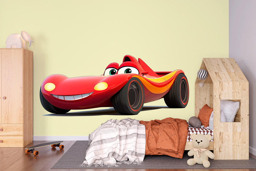Cute Cartoon Race Car Wall Decal, Smiling Car Wall Sticker, Kids Bedroom Wall Art, Nursery Car Decor, Peel And Stick Wall Decal