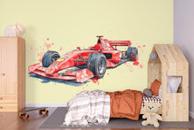 Load image into Gallery viewer, Formula Race Car Wall Decal For Kids Room, Watercolor Racing Car Wall Sticker, Boys Bedroom Wall Art, Car Theme Nursery Decor