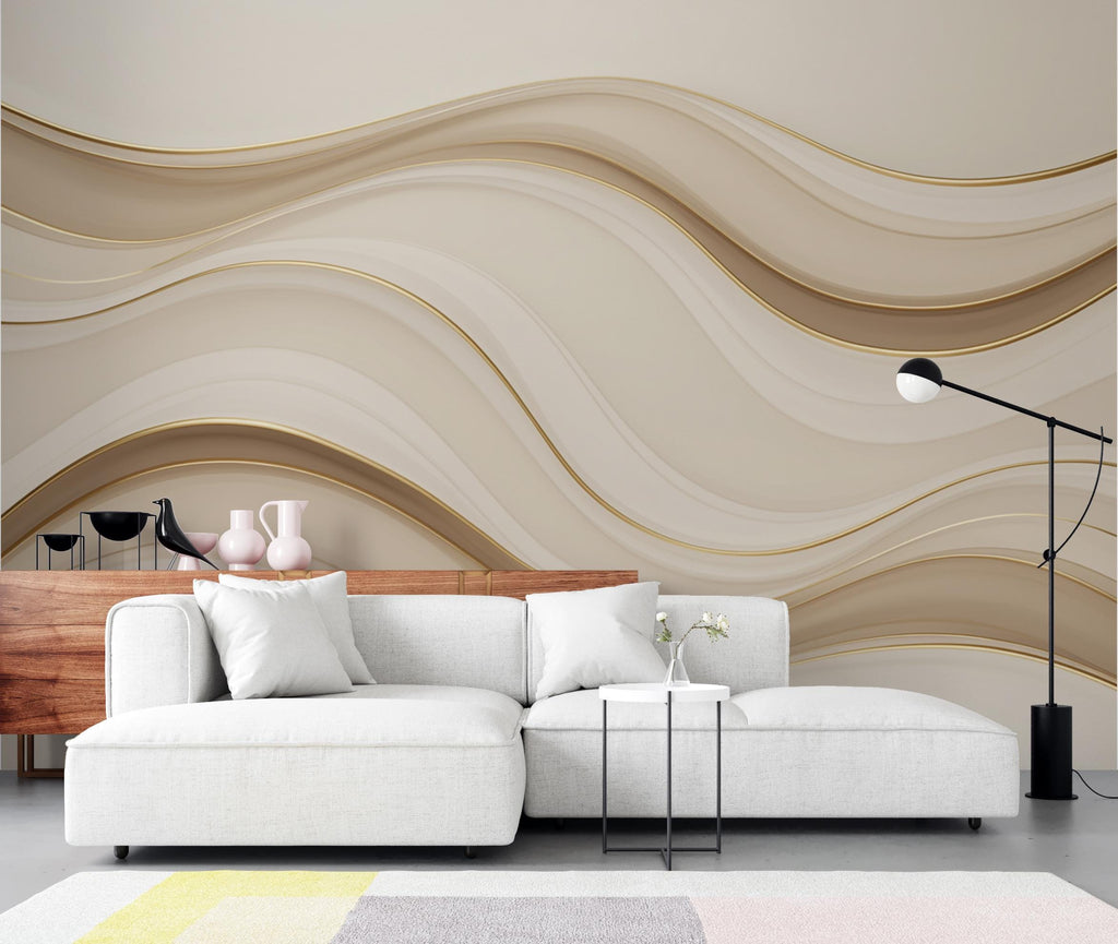 Luxury Ocean Wave Wallpaper, Abstract Sea Wall Mural, Gold Beige Modern decor, Coastal Minimalist