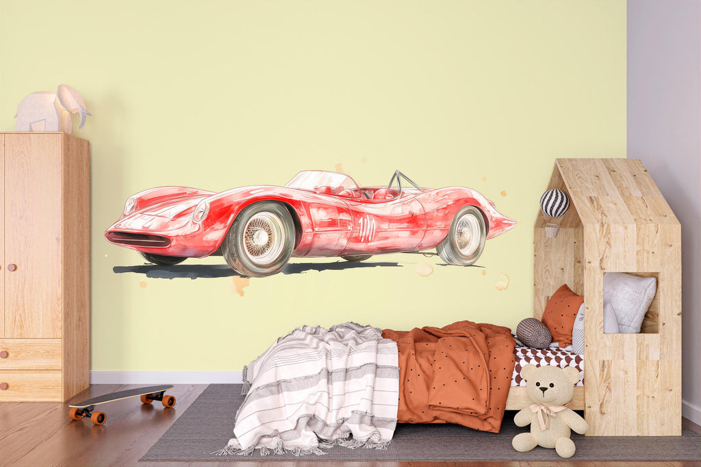 Vintage Race Car Wall Decal For Kids Room, Watercolor Classic Sports Car Wall Sticker, Retro Car Nursery Decor, Boys Bedroom Art