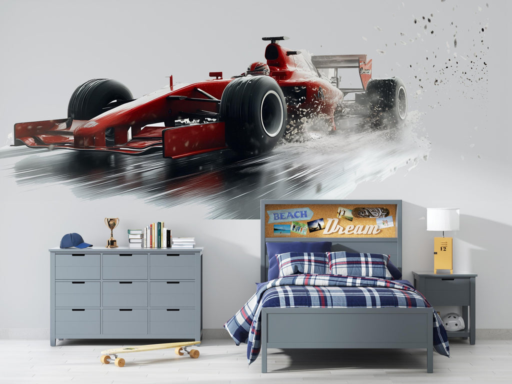 Formula Race Car Wall Decal For Kids Room, Red Racing Car Wall Sticker, Speed Car Bedroom Decor, Boys Room Wall Art