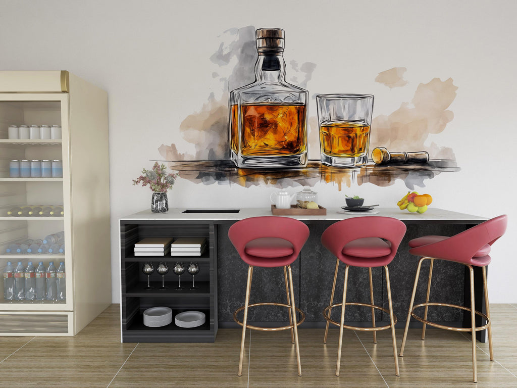 Watercolor Whiskey Wall Decal Whiskey Bottle Glass Wall Art Bar Decor Restaurant Lounge Home Bar Wall Sticker