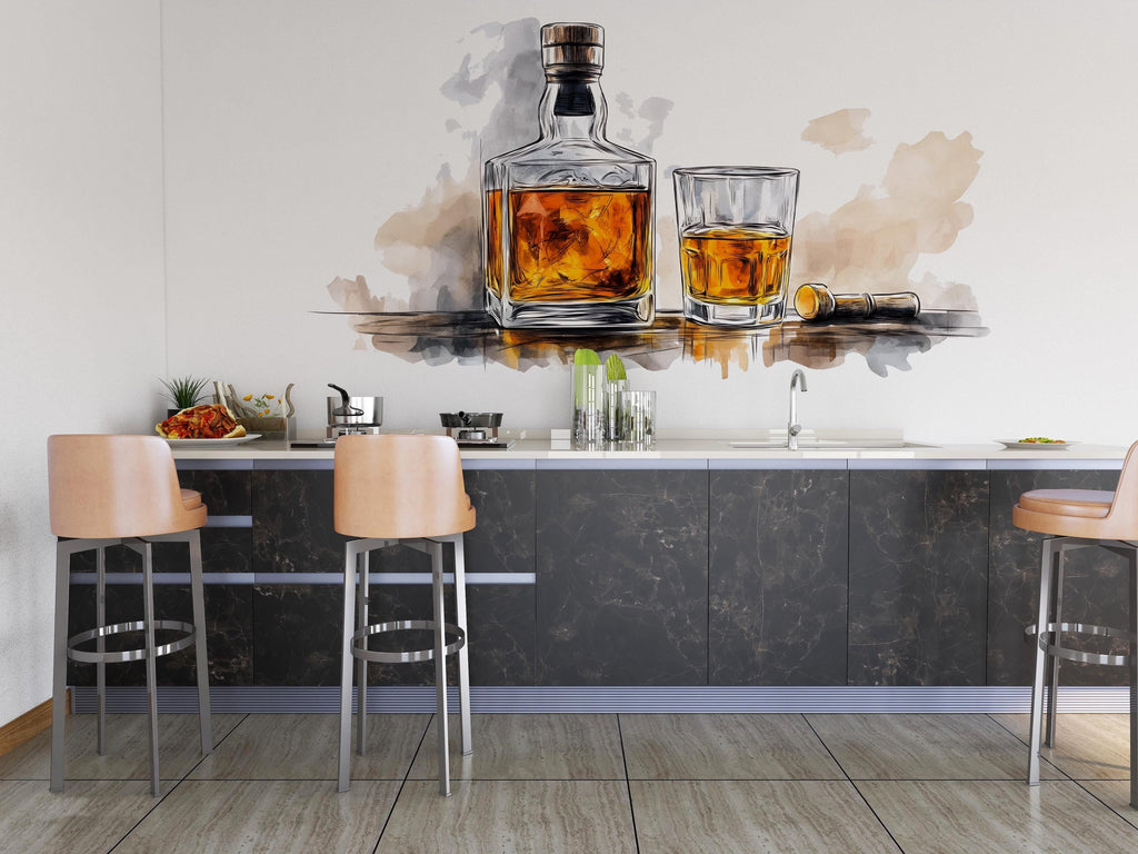 Watercolor Whiskey Wall Decal Whiskey Bottle Glass Wall Art Bar Decor Restaurant Lounge Home Bar Wall Sticker