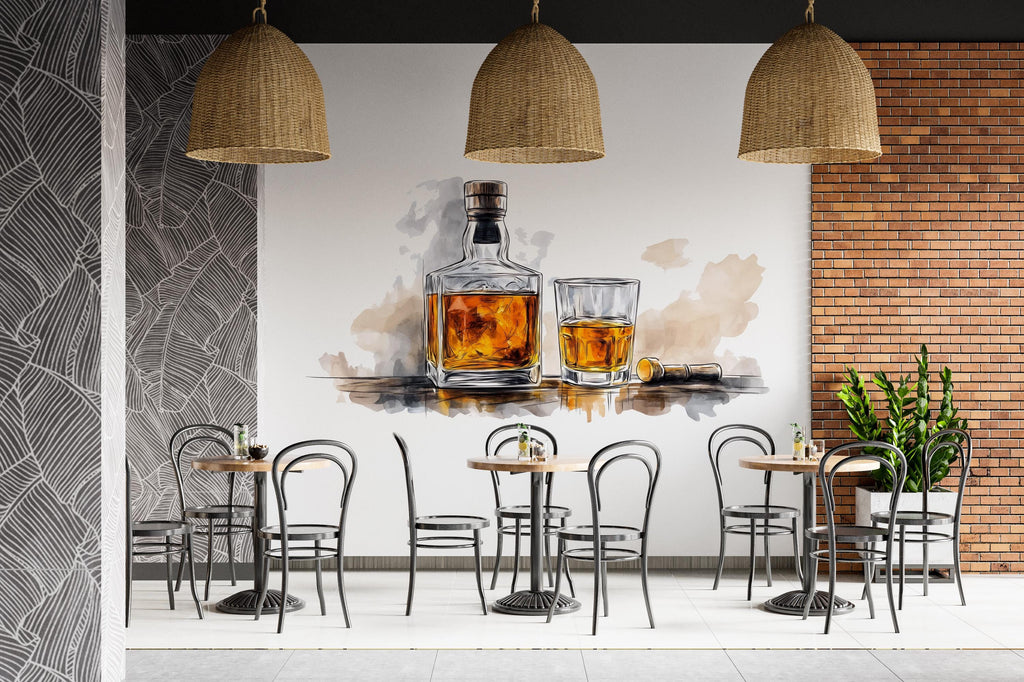 Watercolor Whiskey Wall Decal Whiskey Bottle Glass Wall Art Bar Decor Restaurant Lounge Home Bar Wall Sticker
