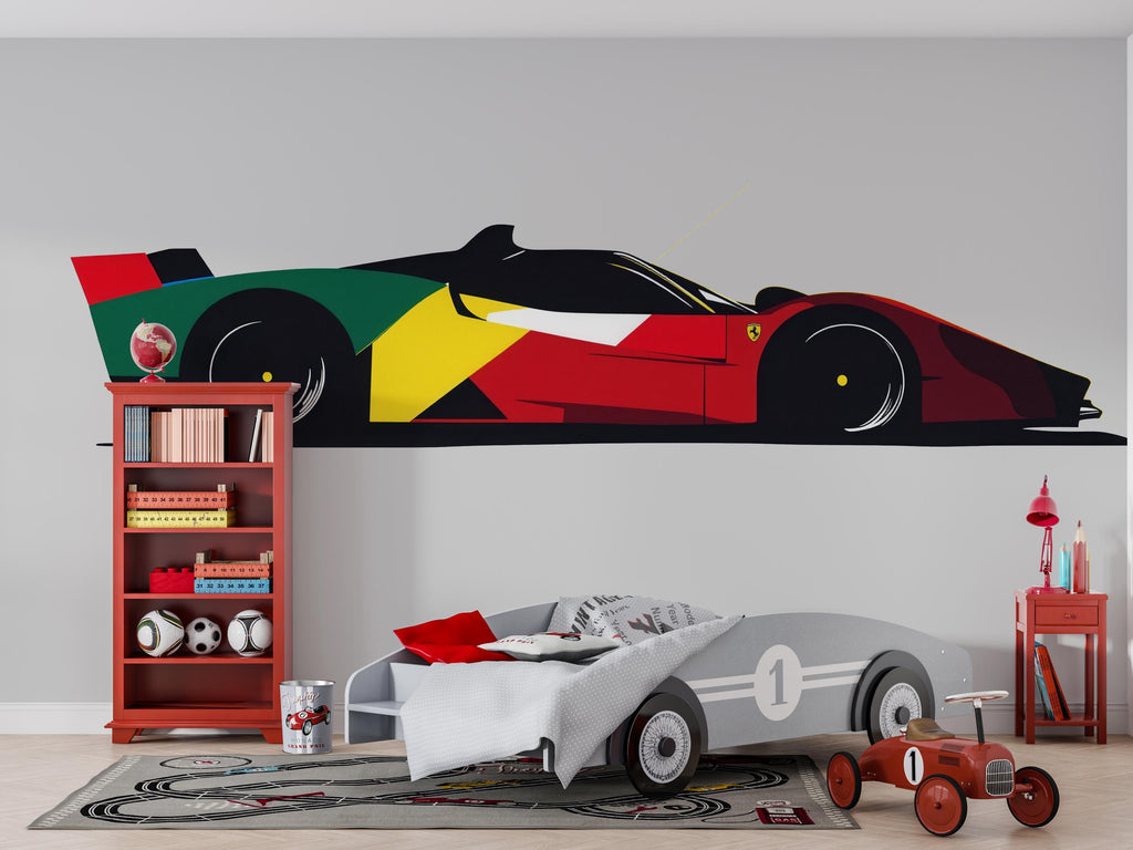 Abstract Formula Race Car Wall Decal For Kids Room, Modern Racing Car Wall Sticker, Boys Bedroom Speed Car Wall Art