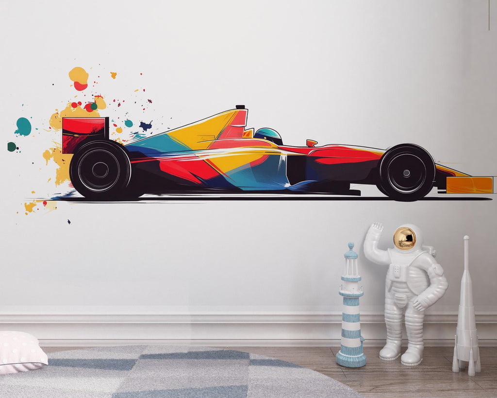 Colorful Formula Race Car Wall Decal For Kids Room, Abstract Racing Car Wall Sticker, Modern Car Nursery Wall Art