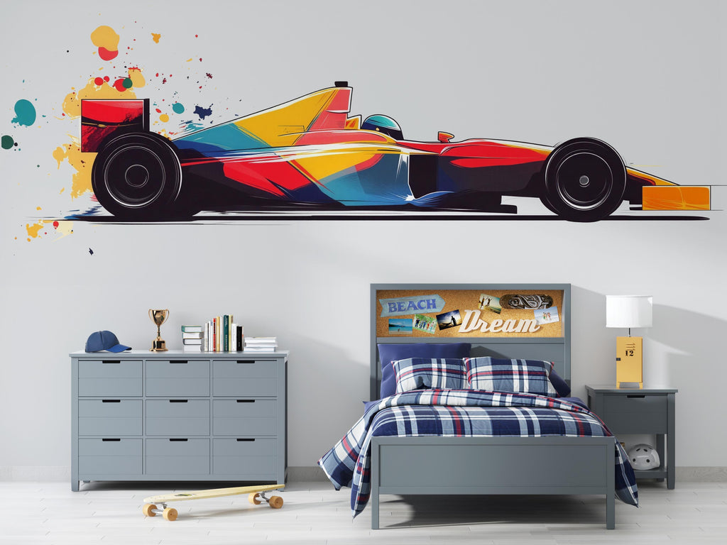 Colorful Formula Race Car Wall Decal For Kids Room, Abstract Racing Car Wall Sticker, Modern Car Nursery Wall Art