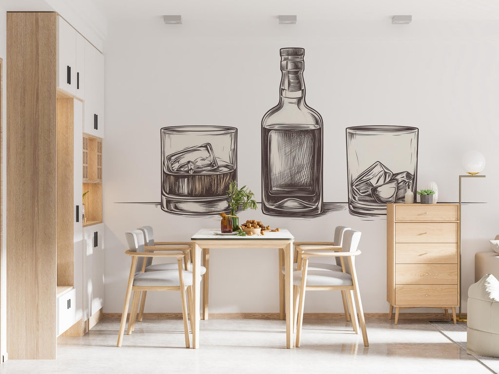 Minimal Whiskey Wall Decal Bar Wall Sticker Whiskey Bottle Glass Wall Art Restaurant Lounge Home Bar Decor