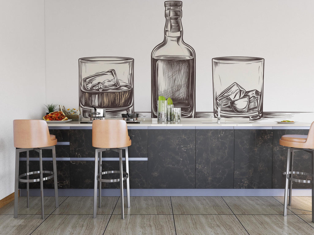 Minimal Whiskey Wall Decal Bar Wall Sticker Whiskey Bottle Glass Wall Art Restaurant Lounge Home Bar Decor