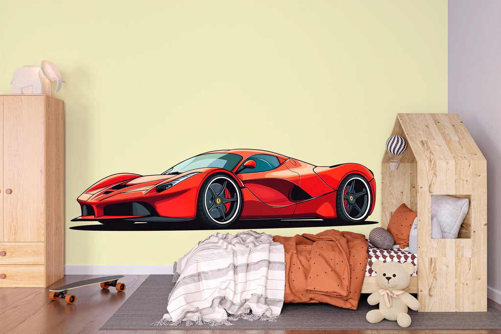 Red Sports Car Wall Decal For Kids Room, Supercar Wall Sticker, Modern Race Car Wall Art For Boys Bedroom