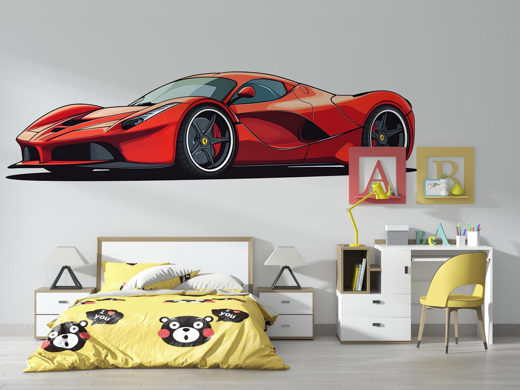 Red Sports Car Wall Decal For Kids Room, Supercar Wall Sticker, Modern Race Car Wall Art For Boys Bedroom