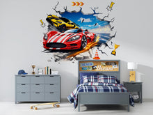 Load image into Gallery viewer, 3D Racing Car Wall Decal For Kids Room, Supercar Wall Sticker, Race Car Nursery Decor, Boys Bedroom Wall Art, Peel And Stick Car Decal