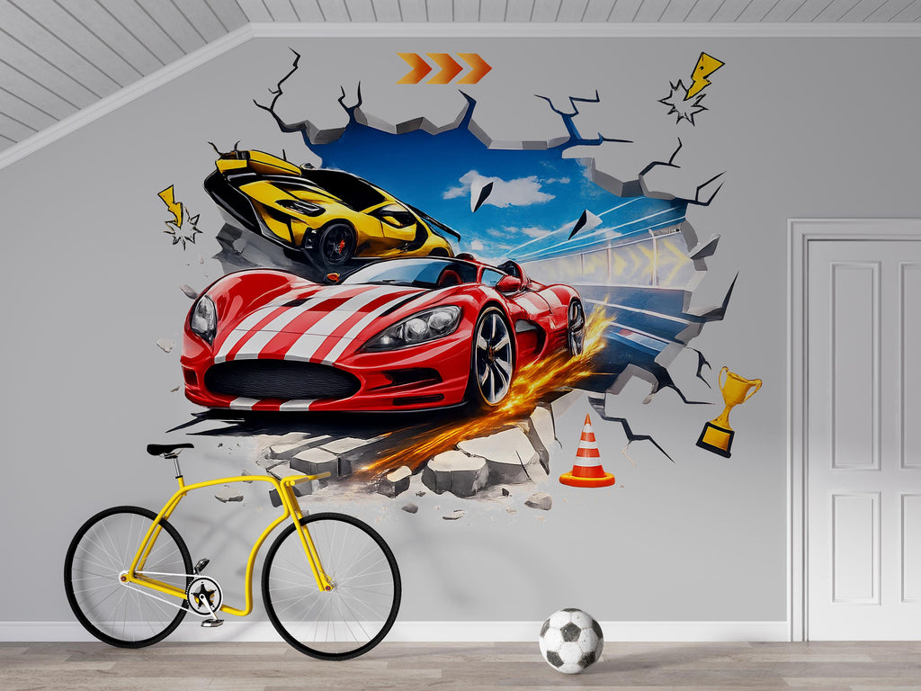 3D Racing Car Wall Decal For Kids Room, Supercar Wall Sticker, Race Car Nursery Decor, Boys Bedroom Wall Art, Peel And Stick Car Decal