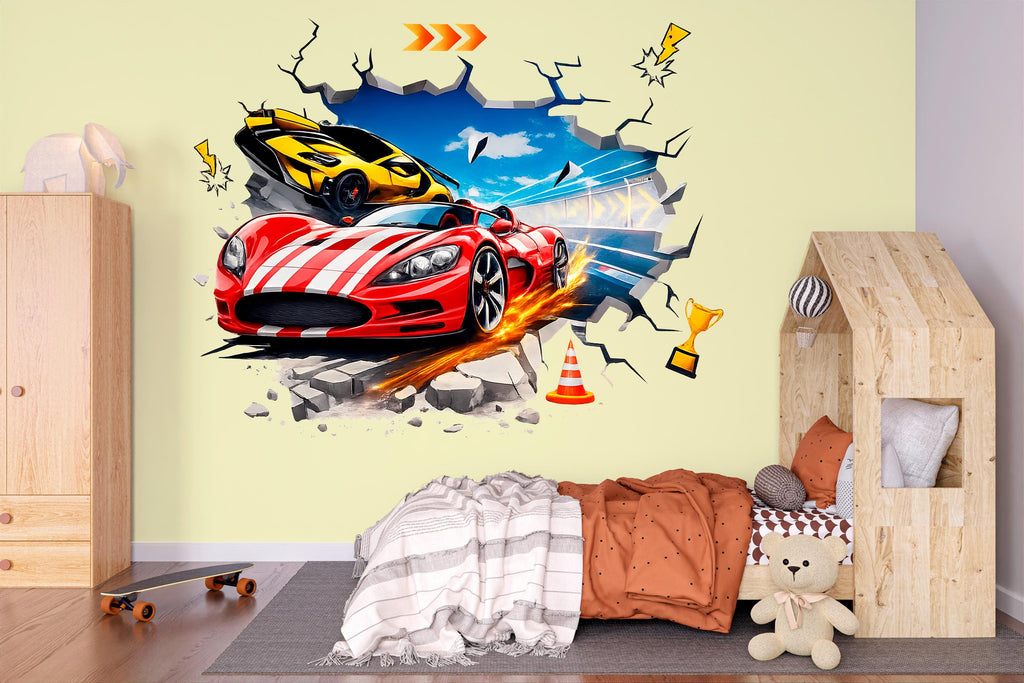 3D Racing Car Wall Decal For Kids Room, Supercar Wall Sticker, Race Car Nursery Decor, Boys Bedroom Wall Art, Peel And Stick Car Decal