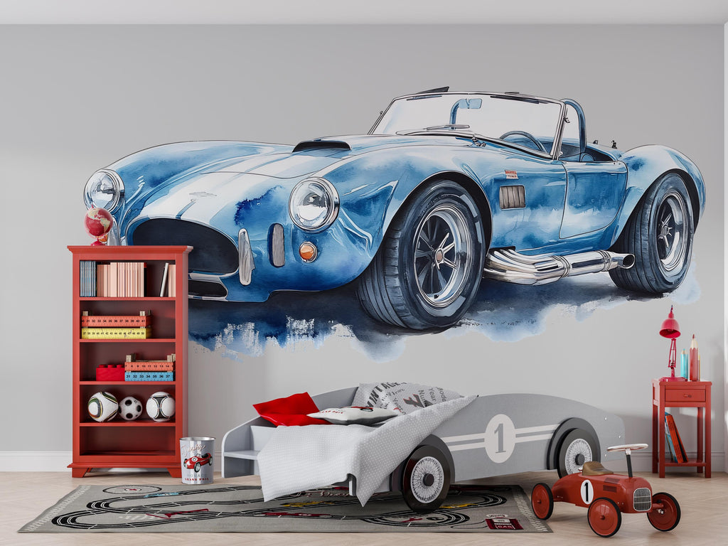 Blue Vintage Race Car Wall Decal | Watercolor Sports Car Sticker | Boys Room Car Wall Art | Nursery Playroom Vehicle Wall Decor
