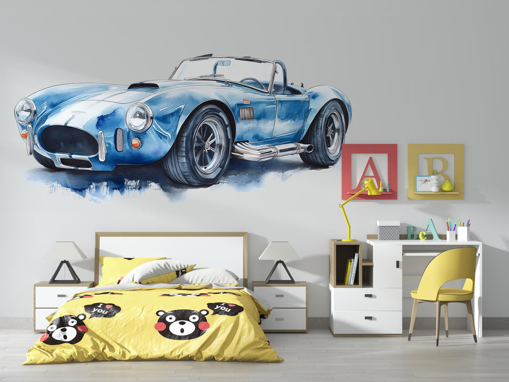 Blue Vintage Race Car Wall Decal | Watercolor Sports Car Sticker | Boys Room Car Wall Art | Nursery Playroom Vehicle Wall Decor