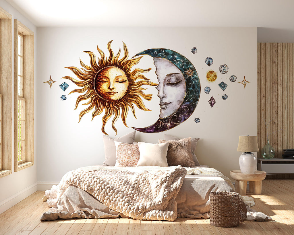 Sun And Moon Wall Decal Celestial Wall Sticker Boho Bedroom Decor Spiritual Wall Art Astrology Home Decor