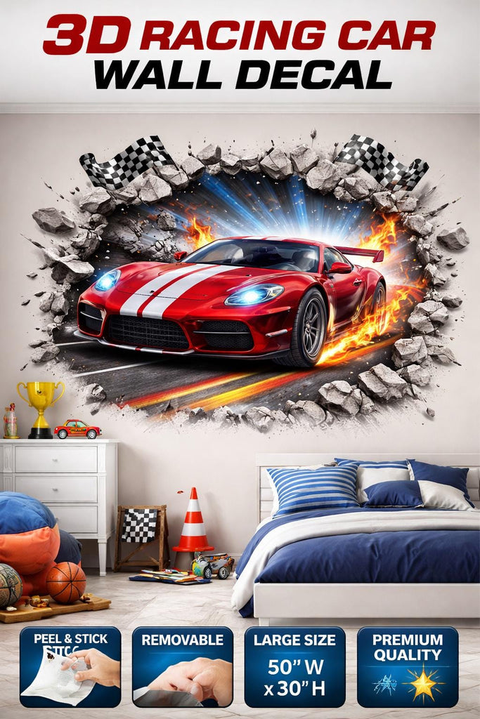 3D Racing Car Wall Decal For Boys Room, Sports Car Wall Sticker, Race Car Nursery Decor, Kids Bedroom Peel And Stick Wall Art