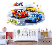 Load image into Gallery viewer, Cartoon Racing Cars Wall Decal For Kids Room, Colorful Race Track Wall Sticker, Playroom Nursery Decor, Peel And Stick Wall Art