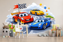 Load image into Gallery viewer, Cartoon Racing Cars Wall Decal For Kids Room, Colorful Race Track Wall Sticker, Playroom Nursery Decor, Peel And Stick Wall Art
