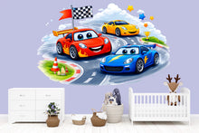 Load image into Gallery viewer, Cartoon Racing Cars Wall Decal For Kids Room, Colorful Race Track Wall Sticker, Playroom Nursery Decor, Peel And Stick Wall Art