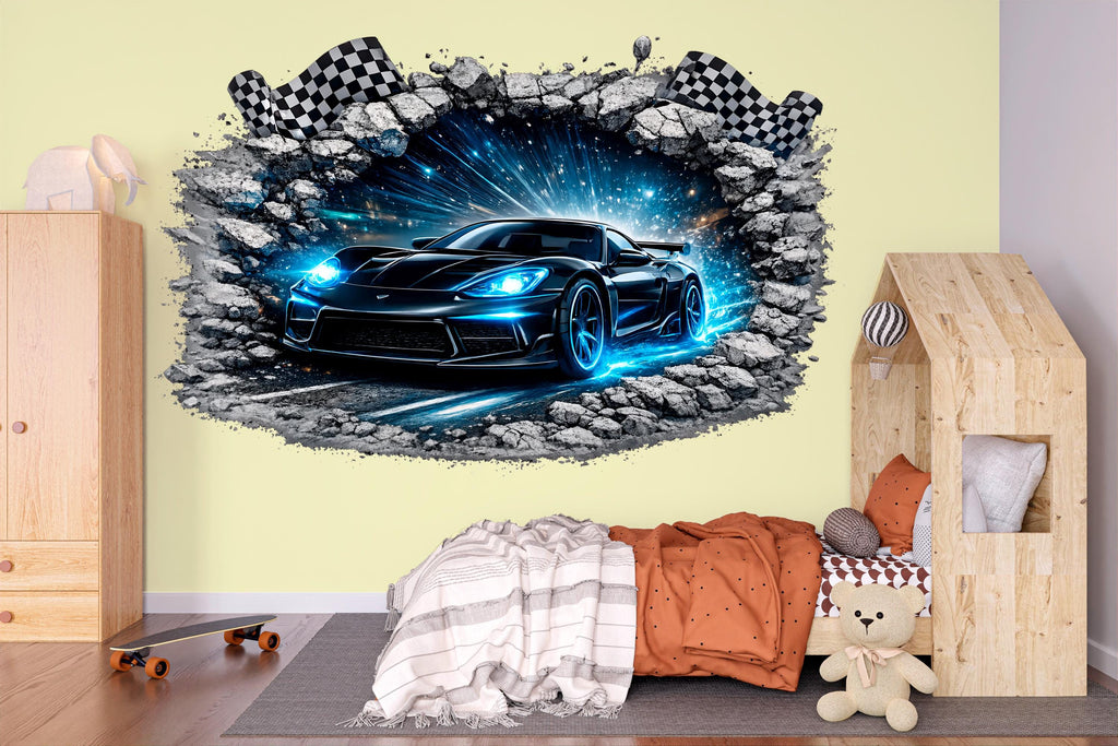3D Racing Car Wall Decal For Boys Room, Sports Car Wall Sticker, Peel And Stick Kids Room Decor, Removable Car Wall Art