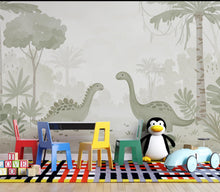 Load image into Gallery viewer, Dinosaur Nursery Wallpaper, Hand Painted Jungle Dinosaurs Wall Mural, Neutral Kids Room Wallpaper, Soft Watercolor Baby Room Decor 245DE
