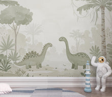 Load image into Gallery viewer, Dinosaur Nursery Wallpaper, Hand Painted Jungle Dinosaurs Wall Mural, Neutral Kids Room Wallpaper, Soft Watercolor Baby Room Decor 245DE