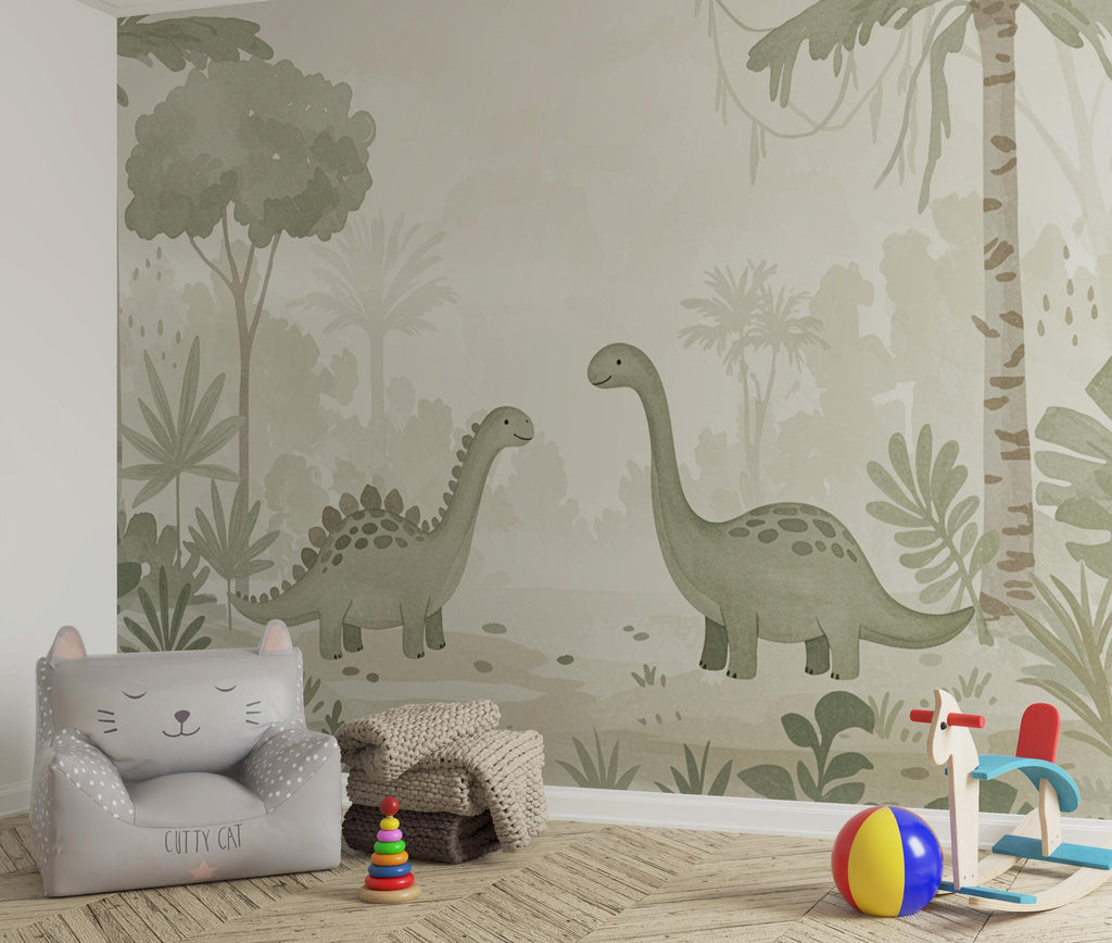 Dinosaur Nursery Wallpaper, Hand Painted Jungle Dinosaurs Wall Mural, Neutral Kids Room Wallpaper, Soft Watercolor Baby Room Decor 245DE