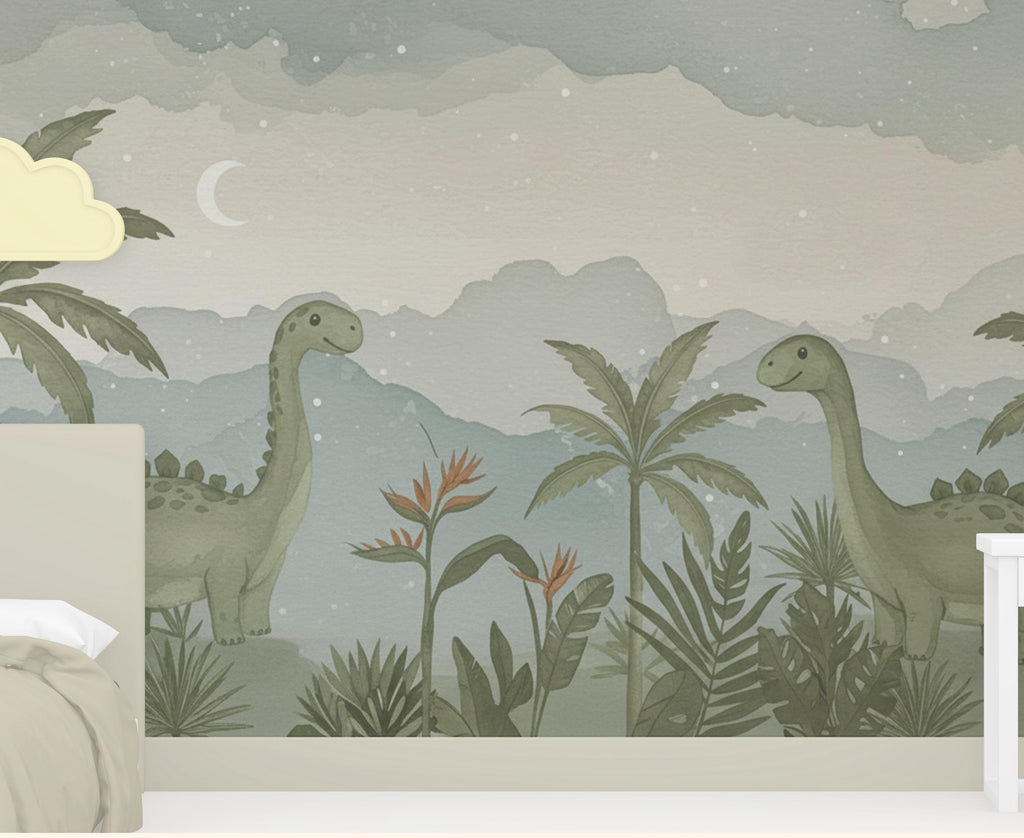 Dinosaur Nursery Wallpaper, Hand Painted Jungle Dinosaurs Wall Mural, Neutral Kids Room Wallpaper, Soft Watercolor Baby Room Decor 246DE