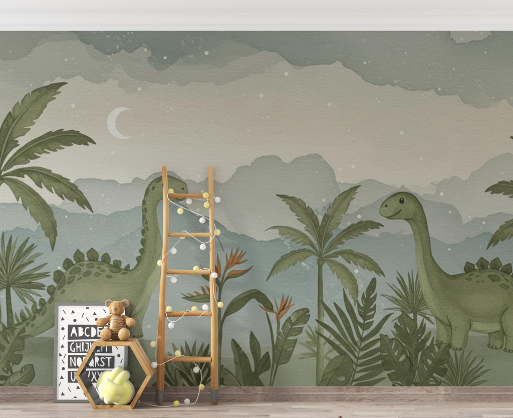 Dinosaur Nursery Wallpaper, Hand Painted Jungle Dinosaurs Wall Mural, Neutral Kids Room Wallpaper, Soft Watercolor Baby Room Decor 246DE