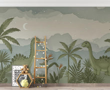 Load image into Gallery viewer, Dinosaur Nursery Wallpaper, Hand Painted Jungle Dinosaurs Wall Mural, Neutral Kids Room Wallpaper, Soft Watercolor Baby Room Decor 246DE