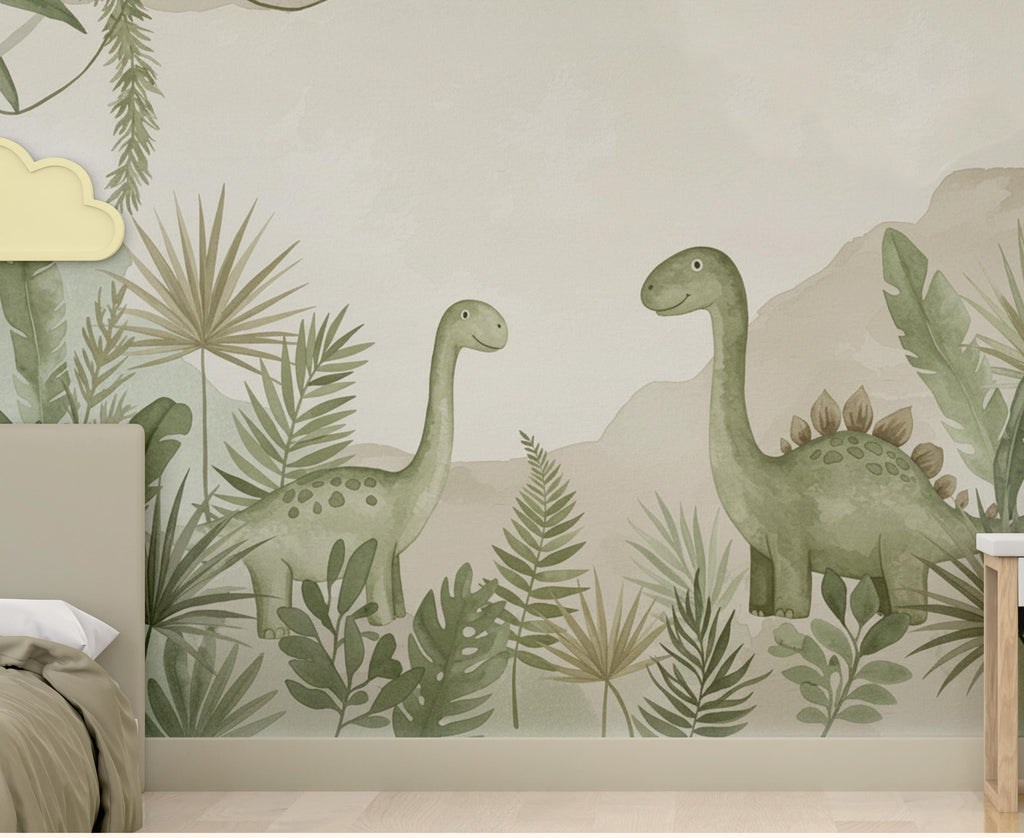 Dinosaur Nursery Wallpaper, Hand Painted Jungle Dinosaurs Wall Mural, Neutral Kids Room Wallpaper, Soft Watercolor Baby Room Decor 247DE