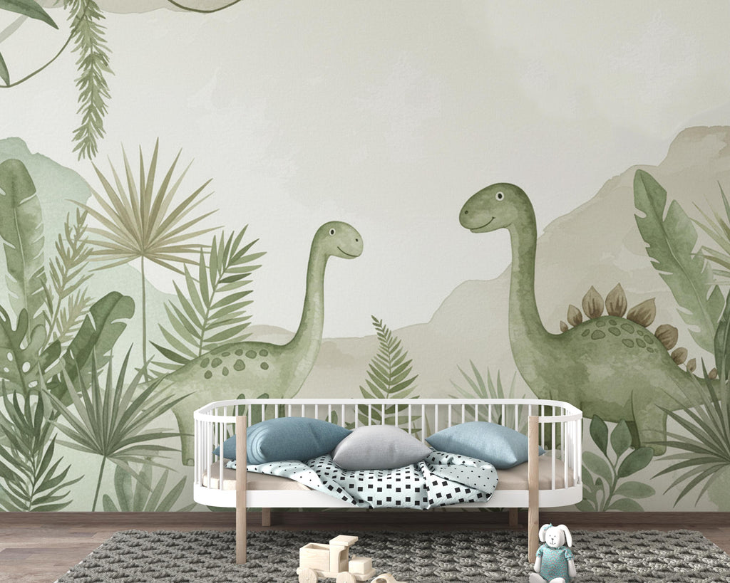 Dinosaur Nursery Wallpaper, Hand Painted Jungle Dinosaurs Wall Mural, Neutral Kids Room Wallpaper, Soft Watercolor Baby Room Decor 247DE