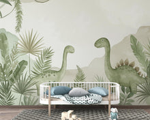 Load image into Gallery viewer, Dinosaur Nursery Wallpaper, Hand Painted Jungle Dinosaurs Wall Mural, Neutral Kids Room Wallpaper, Soft Watercolor Baby Room Decor 247DE