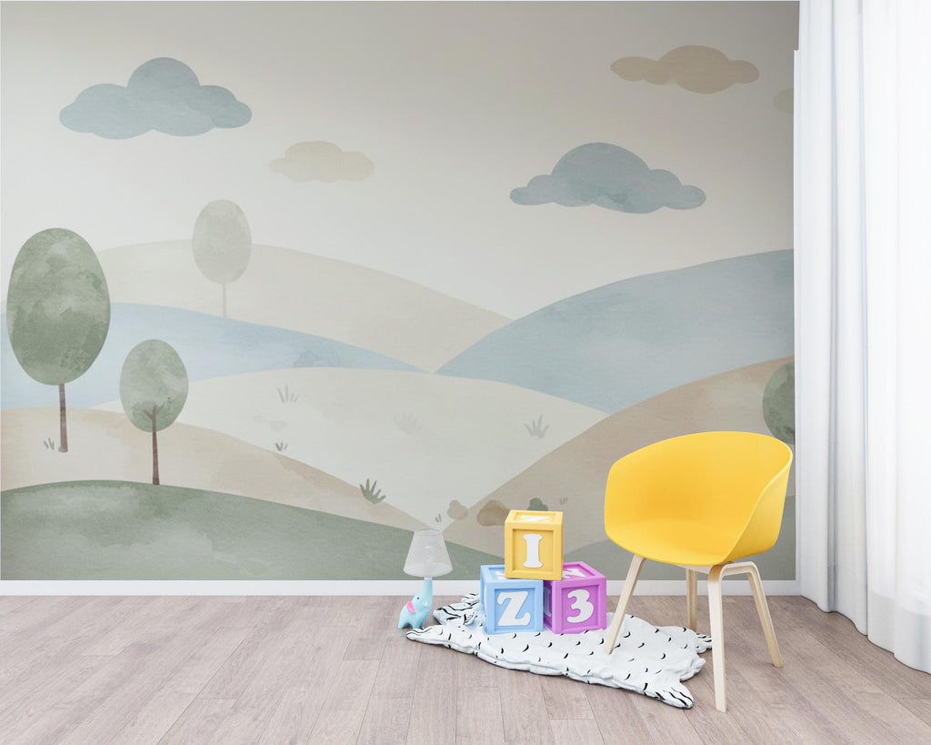 Neutral Nursery Wallpaper, Soft Watercolor Hills Wall Mural, Gender Neutral Kids Room Wallpaper, Minimal Landscape Nursery Decor 248DE