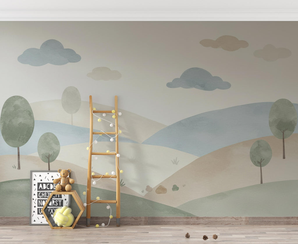 Neutral Nursery Wallpaper, Soft Watercolor Hills Wall Mural, Gender Neutral Kids Room Wallpaper, Minimal Landscape Nursery Decor 248DE