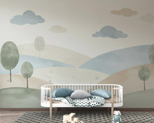 Load image into Gallery viewer, Neutral Nursery Wallpaper, Soft Watercolor Hills Wall Mural, Gender Neutral Kids Room Wallpaper, Minimal Landscape Nursery Decor 248DE