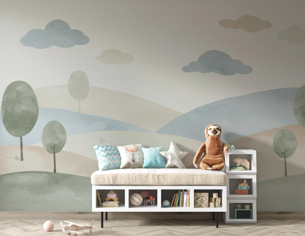 Neutral Nursery Wallpaper, Soft Watercolor Hills Wall Mural, Gender Neutral Kids Room Wallpaper, Minimal Landscape Nursery Decor 248DE