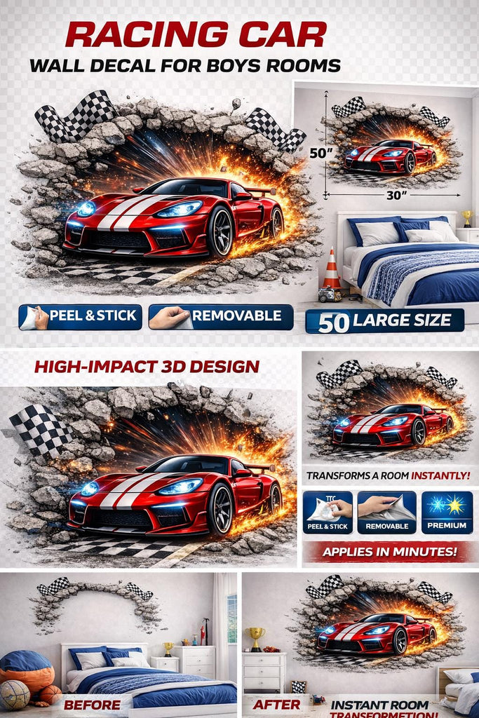 3D Racing Car Wall Decal For Boys Room, Race Car Wall Sticker, Kids Bedroom Wall Art, Peel And Stick Racing Car Wall Decor