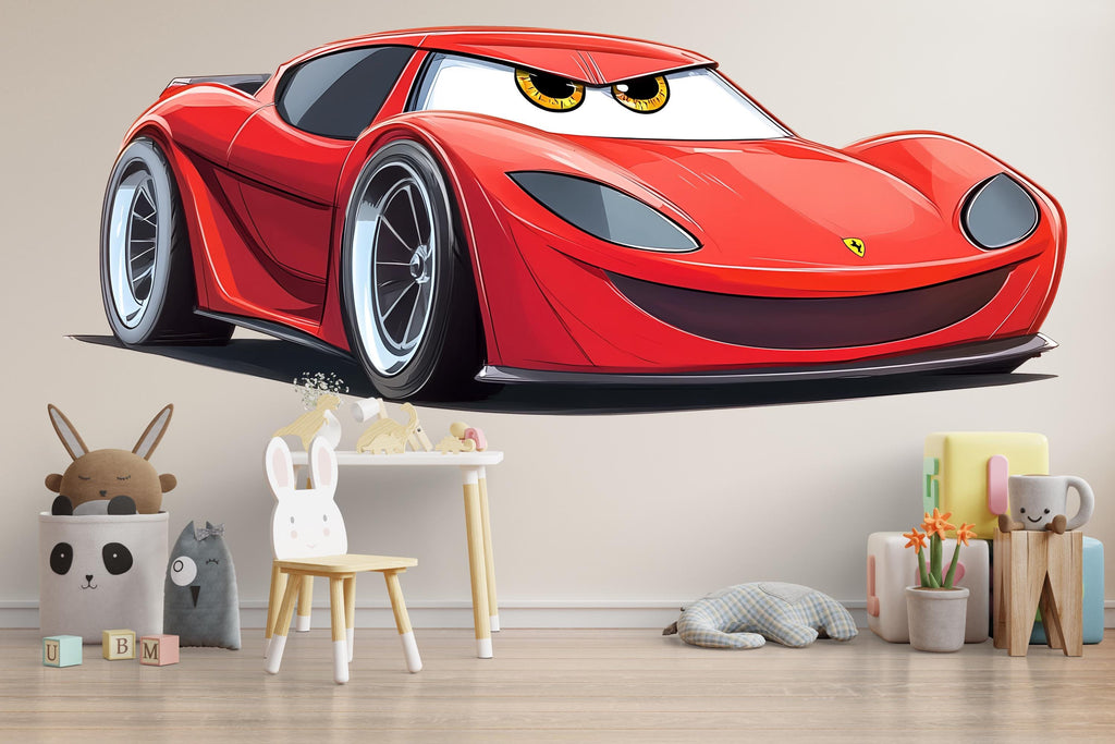 Cute Red Racing Car Wall Decal For Kids Room | Cartoon Car Wall Sticker | Nursery Boy Bedroom Decor | Playroom Peel And Stick Art