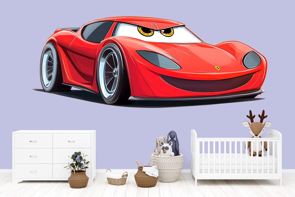 Cute Red Racing Car Wall Decal For Kids Room | Cartoon Car Wall Sticker | Nursery Boy Bedroom Decor | Playroom Peel And Stick Art