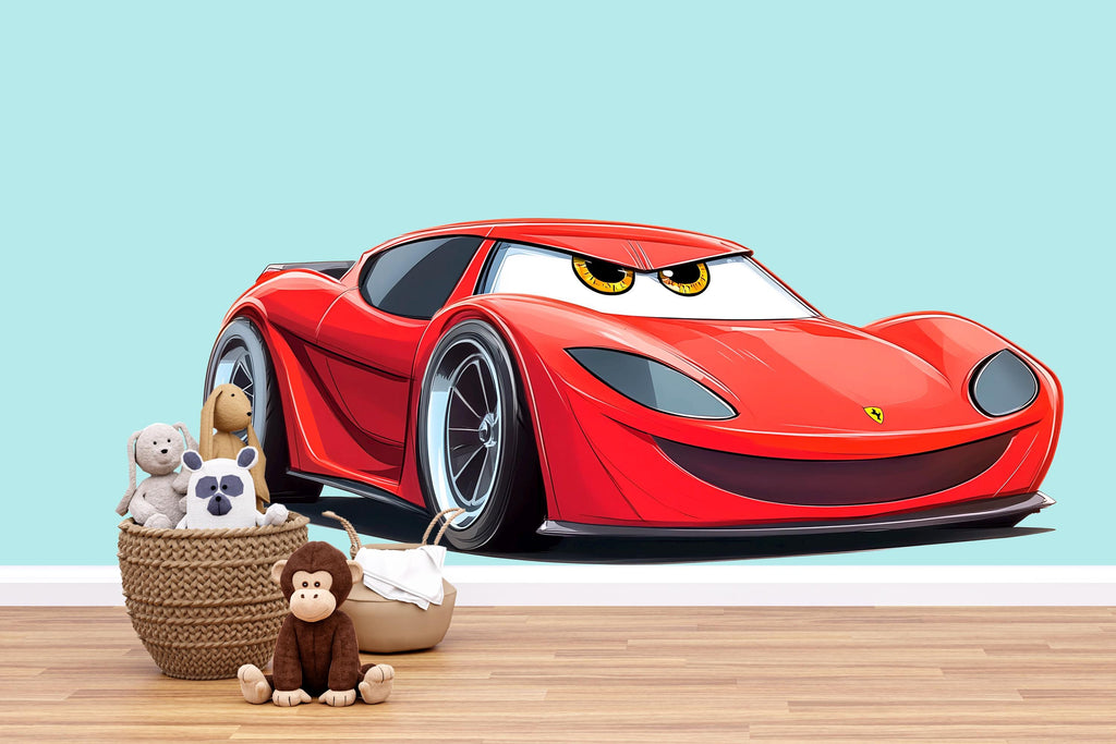 Cute Red Racing Car Wall Decal For Kids Room | Cartoon Car Wall Sticker | Nursery Boy Bedroom Decor | Playroom Peel And Stick Art