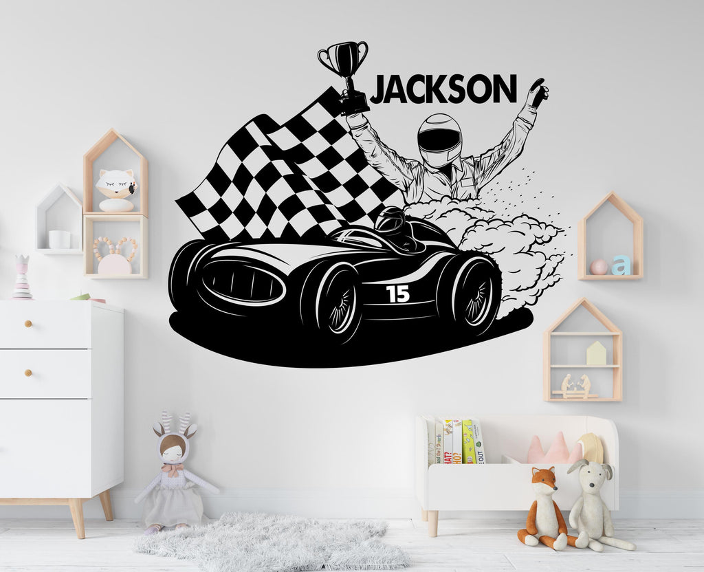 Personalized Racing Car Wall Decal for Kids | Custom Name Motorsport Nursery Decor | Race Car Wall Sticker | Kids Room Racing Art 726LU
